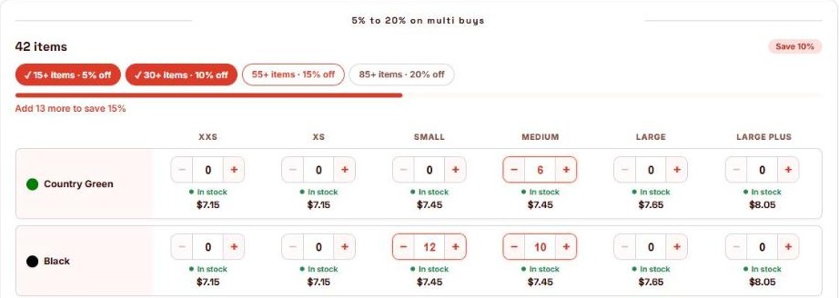 Milestone discount chips with a progress bar: 15+ and 30+ items reached, Add 13 more to save 15%