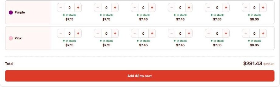 Order total $281.43 with the original $312.70 struck through, and an Add 42 to cart button